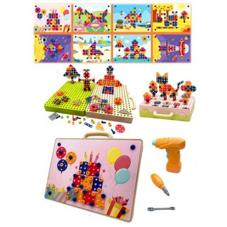 Конструктор с шуруповертом S+S Toys вертикальная и горизонтальная 3D с дрелью, 333 детали, 8 карточек трафаретов, мозаика для детей, развивающая игра