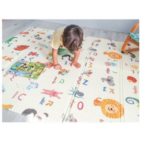 Детский коврик для ползания складной, двусторонний Премиум - Алфавит/ Жираф с ростомером 200x180 увеличенной толщины