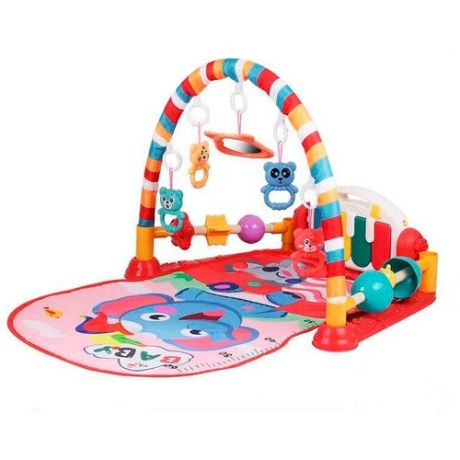 Музыкальный коврик для малышей "Слоник и коала". Развивающий, с пианино, дугой и игрушками. Розовый