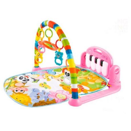 Музыкальный коврик для малышей "Веселые зверята". Развивающий, с дугой, игрушками и пианино. Розовый.