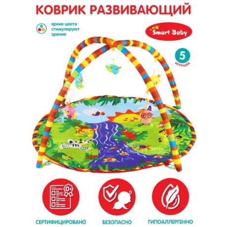Детский развивающий коврик для малышей ТМ Smart Baby с подвесками-погремушками, игровой детский коврик, мягкий, размер 95 х 83 см, зеленый, JB0333607