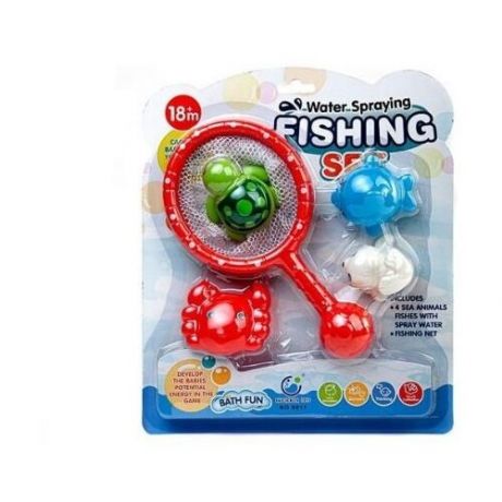 Игрушка для ванной Junfa toys 4 фигурки морских обитателей с сачком красный/зеленый/синий