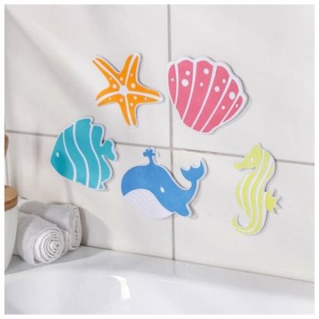 Набор мини-ковриков для ванны Доляна «Океан», 16×16 см, 5 шт, цвет микс