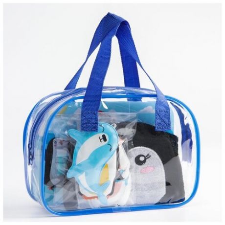 Набор для купания Крошка Я "Пингвин и друзья", в сумке: мочалка, пазлы, игрушки