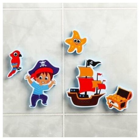 Набор игрушек для ванны Пиратские приключения: фигурки-стикеры из EVA, 5 шт. + сетка для хранения игрушек на присосках