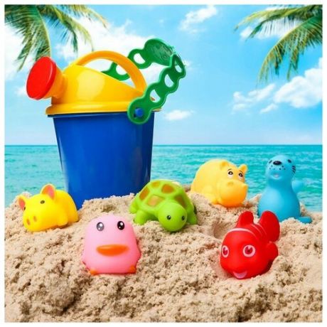 Крошка Я Резиновые игрушки и ведёрко. Набор для купания и игры в песке. Цвет микс