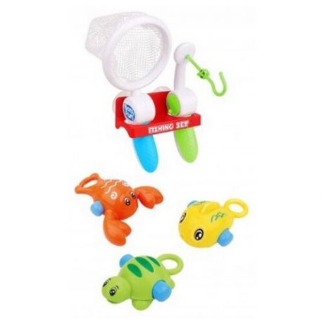 Набор игрушек для ванной Junfa Рыбалка: удочка, сачок, держатель и 3 фигурки морских обитателей
