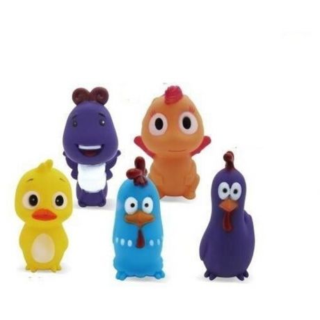 Набор резиновых игрушек для ванной Abtoys Веселое купание 5 предметов (утенок, петушок голубой, петушок фиолетовый, динозаврик, бабочка)
