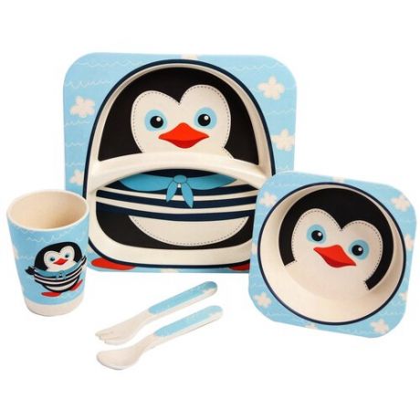 Набор детской бамбуковой посуды "Пингвинчик", тарелка, миска, стакан, приборы, 5 предметов