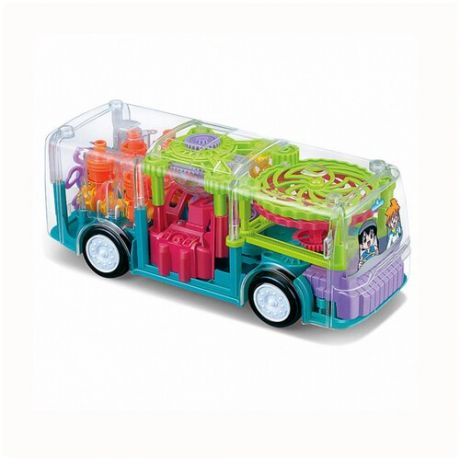 Автобус прозрачный с шестеренками, игрушка интерактивная для детей, машинка музыкальная, светящаяся