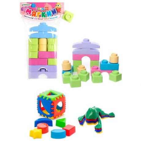 Развивающая игрушка Биплант Кубик логический малый + Мягкий конструктор для малышей Кнопик + Команда КВА №1, пастельные цвета