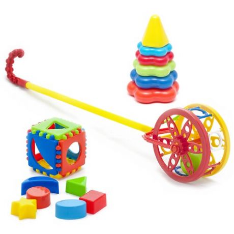 Развивающая игрушка Karolina toys Каталка Колесо, Кубик логический малый, Пирамида малая, мультиколор