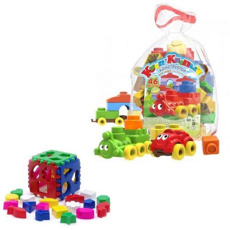 Развивающая игрушка Биплант кубик логический большой + конструктор Кноп-Кнопыч 46 деталей, разноцветный