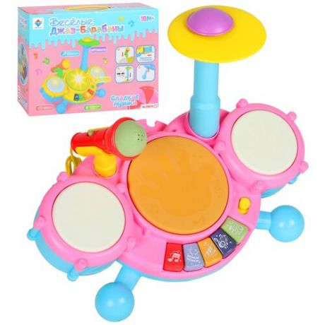 Игрушка детская развивающая музыкальная Барабанная установка с микрофоном, JUNNECA TOYS, на батарейках, свет, звук, интерактивная игрушка для малышей, развивает слух, моторику, память, цвет розовый, в/к 31*18*19см