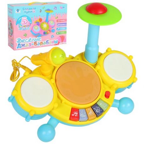Игрушка детская развивающая музыкальная Барабанная установка с микрофоном JUNCA, на батарейках, свет, звук, интерактивная игрушка для малышей, развивает слух, моторику, память, цвет желтый, в/к 31*18*19см