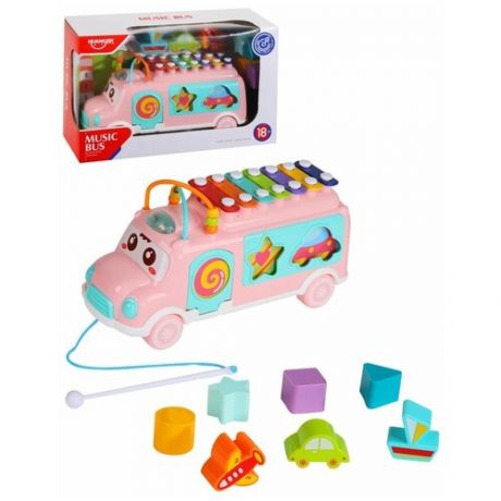 Развивающая игрушка для малышей автобус "Металлофон, сортер, каталка", обучающая, музыкальная игрушка, развивает моторику, память, слух, цветовосприятие, цвет розовый, в/к 30*10,9*19,2 см