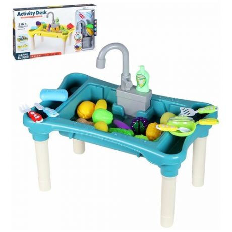 Развивающий столик, набор, конструктор с полем для игры, доска с маркером и стеркой, кухня детская игровая, раковина с водой, посуда и продукты, желтый