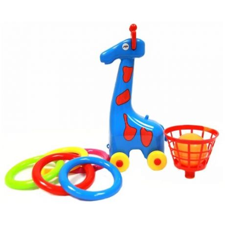 Игрушка кольцеброс - каталка, Кольцеброс жираф, Синий, кольца, корзинка, шарик, Размер игрушки - 11,5 х 12,5 х 32 см
