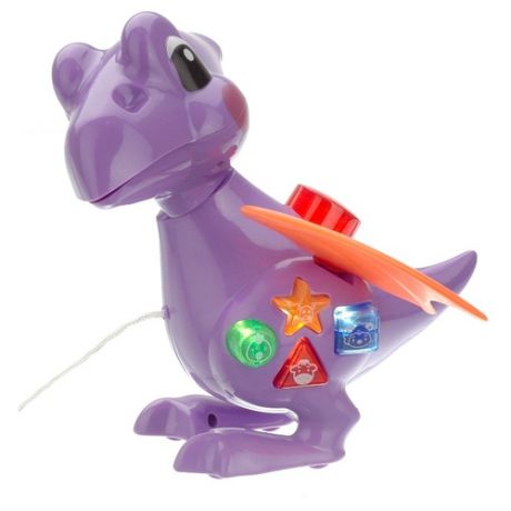 Каталка детская Динозаврик на батарейках / игрушка - каталка на веревочке, мелодии, голоса животных, световые эффекты, подвижные элементы, красный
