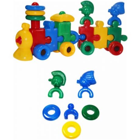 Каталка-игрушка Строим вместе счастливое детство Паровоз с индейцами (5003) желтый/красный/синий/зеленый