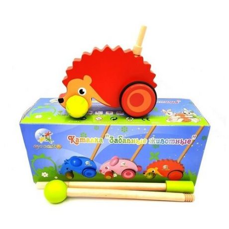 Детская деревянная игрушка. Детская каталка на палочке "Забавные животные" для малышей