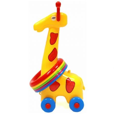 Кольцеброс Жираф, Игрушка каталка - кольцеброс, Желтый, Размер игрушки - 11,5 х 13,5 х 32 см.