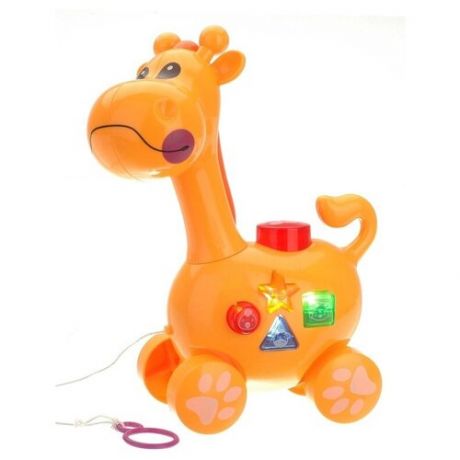 Каталка детская Жирафик на батарейках / игрушка - каталка на веревочке, весёлые мелодии, голоса животных, световые эффекты, подвижные элементы, желтый