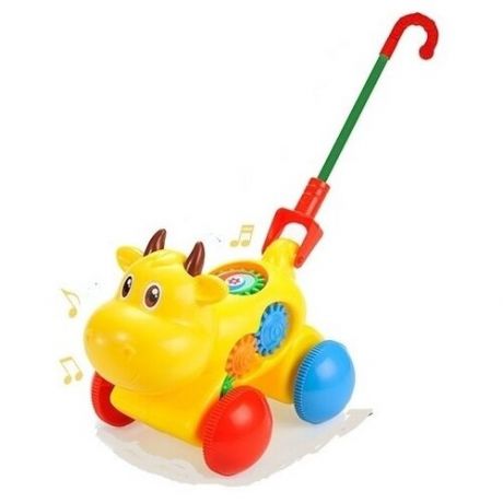 Каталка детская на палочке Коровка / игрушка - каталка, палочка-трость, шестерёнки крутятся, звуковые эффекты, желтая