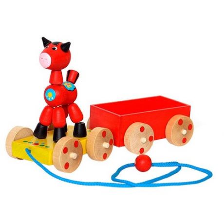 Каталка-игрушка КЛИМО Лошадка с прицепом (С134) красный/желтый
