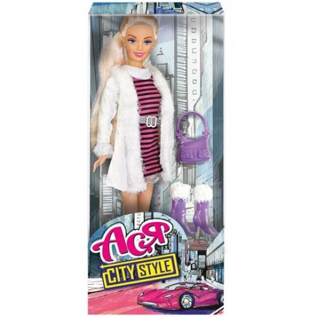 Кукла Toys Lab Ася Городской стиль Блондинка в полосатом платье и белой шубке, 28 см, 35067