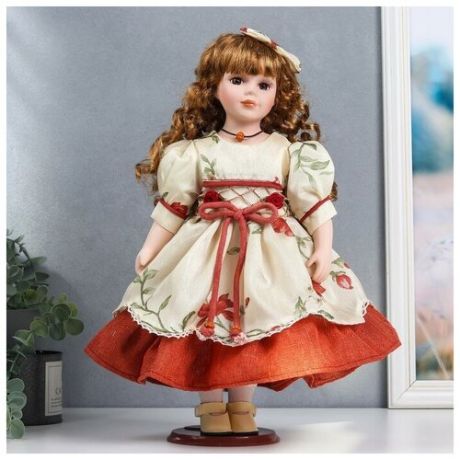 Кукла коллекционная керамика "Оля в платье с цветами и бордовой нижней юбкой" 40 см