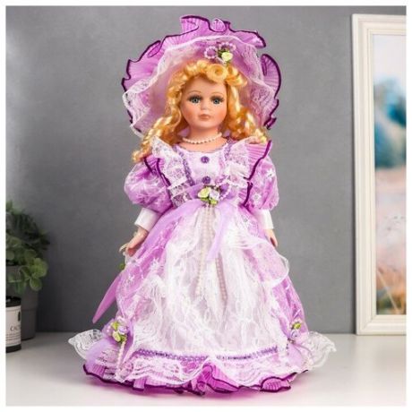 Кукла коллекционная керамика "Леди Мари в сиреневом платье с рюшами" 40 см
