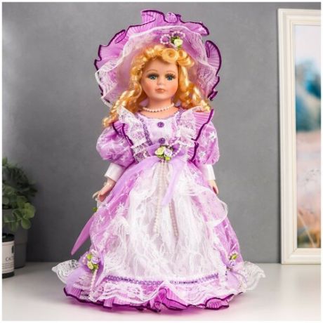 Кукла 6260195 коллекц. керамика Леди Мари в сиреневом платье с рюшами 40 см