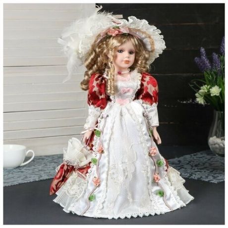 Кукла коллекционная керамика "Милана в платье с узорами, со шляпкой и зонтом" 40 см