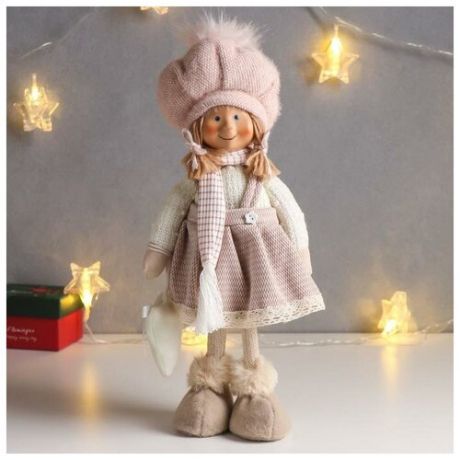 Кукла интерьерная "Малышка с хвостиками, в сарафане и розовой шапке, с сердцем" 37,5 см