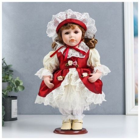 Кукла коллекционная керамика "Мила в красно-белом платье и чепчике" 30 см