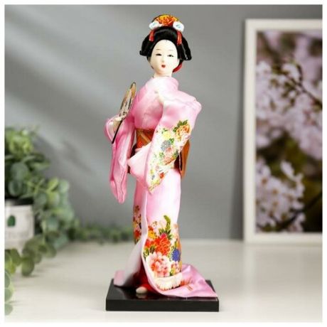 Кукла коллекционная "Японка в розовом кимоно с опахало" 25х9,5х9,5 см
