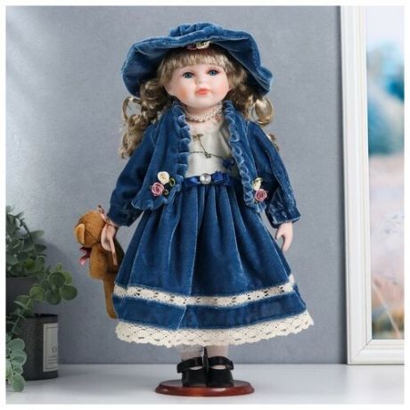 Кукла коллекционная керамика "Настенька в синем бархатном платье, с мишкой" 40 см
