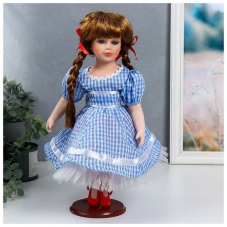 Кукла коллекционная керамика "Мила в синем платье в мелкую клетку" 40 см
