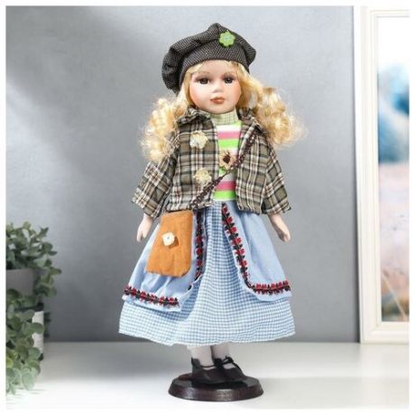 Кукла коллекционная керамика "Блондинка с кудрями, голубая юбка, пиджак в клетку" 40 см 5483244 .