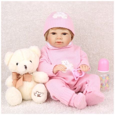 Reborn Kaydora Виниловая кукла Реборн (Reborn Dolls) - Девочка в розовом свитере с мишкой (56 см)