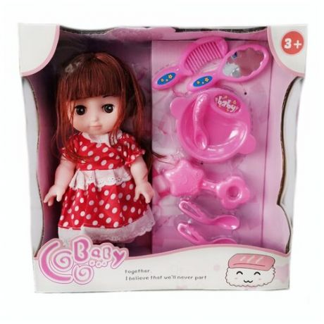 Кукла Baby (Беби) девочка Am8-6 в наборе расчёска, зеркало, тарелка, 2 ложки, вилка, погремушка