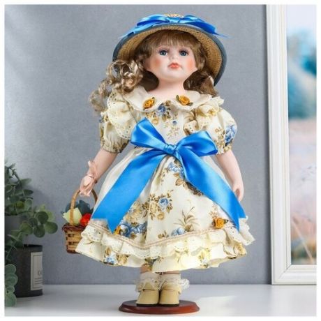 Кукла коллекционная керамика "Анфиса в цветочном платье с бантом, с корзиной" 40 см