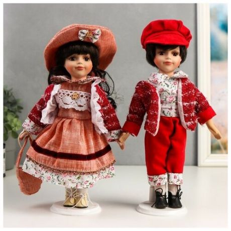 Кукла коллекционная парочка набор 2 шт "Наташа и Олег в розово-бордовых нарядах" 30 см