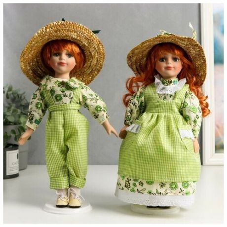 Кукла коллекционная парочка набор 2 шт Таня и Ваня в ярко-зеленых нарядах в клетку 30 см