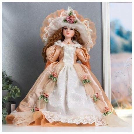 Кукла коллекционная керамика "Леди Виктория в нежно-персиковом платье, с зонтом" 45 см