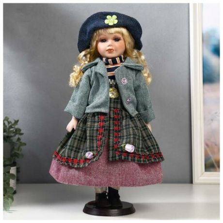 Кукла коллекционная керамика "Блондинка с косами, сарафан голуб. клетка, зелён. пиджак" 40 см