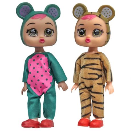 Пупсы для девочек 2шт, маленькие куклы в костюмах животных, 15 см, разноцветная (лев и мышонок)