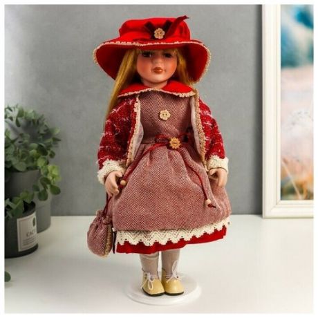 Кукла коллекционная керамика Машенька в коралловом платье и бордовом жакете 40 см