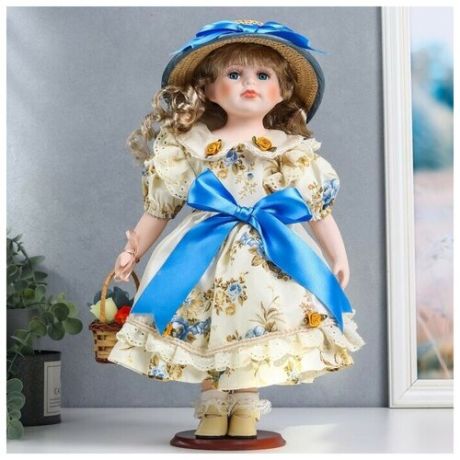 Кукла коллекционная керамика Анфиса в цветочном платье с бантом, с корзиной 40 см